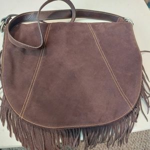 VINTAGE FRINGED BROWN SUEDE SADDLEBAG POCKETBOOK - POLO JEANS CO. RALPH LAUREN